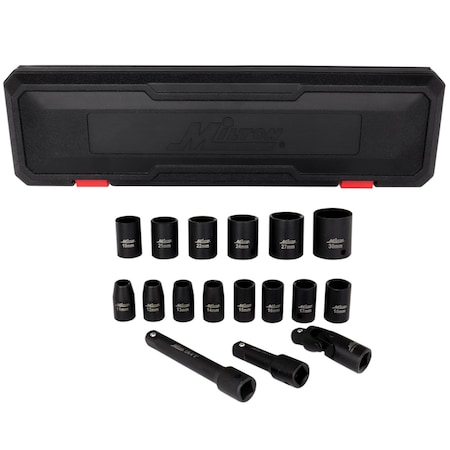 Milton 1/2 in. Drive Shallow 6-Point Impact Socket Set, 11-30mm Metric, Coated Black Oxide Finish 17-Piece 1300-SS-06